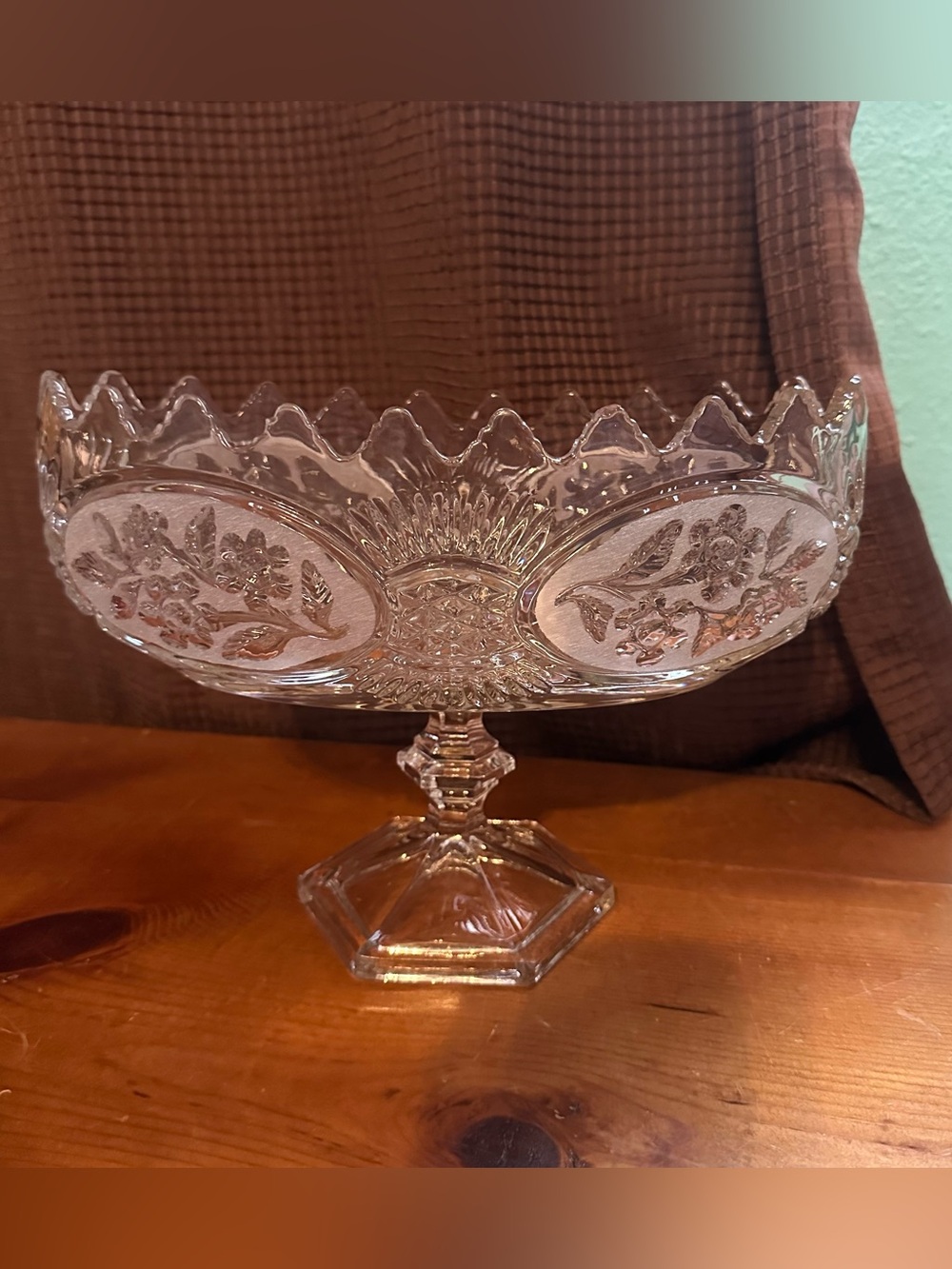 Cut Crystal Pedestal Compote Bowl Vintage Oval Bowl Table Centerpiece Fruit Bowl